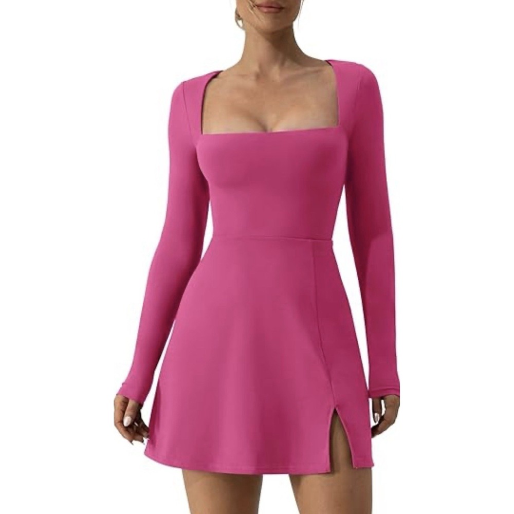 Barbiecore Coquette‎ Hot Pink Square Neck Bodycon Mini Dress M Slit Baddie Doll